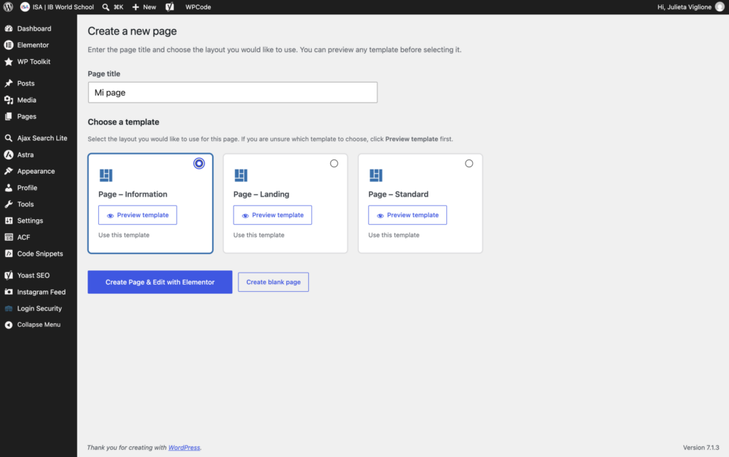 Add Page with the template picker