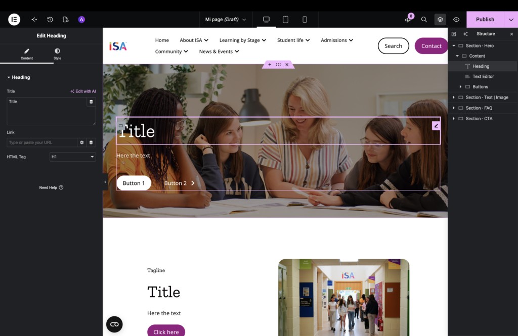The new page opening in Elementor