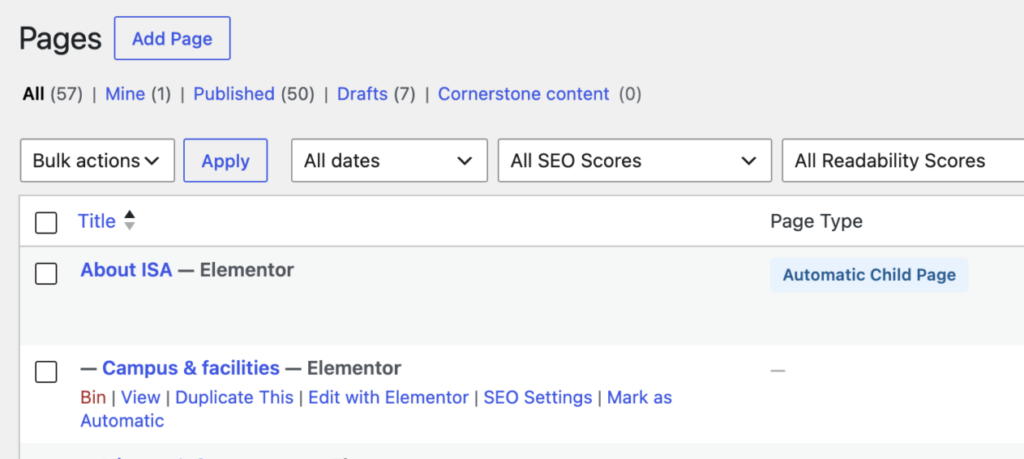 The “Automatic Child Page” label in the CMS