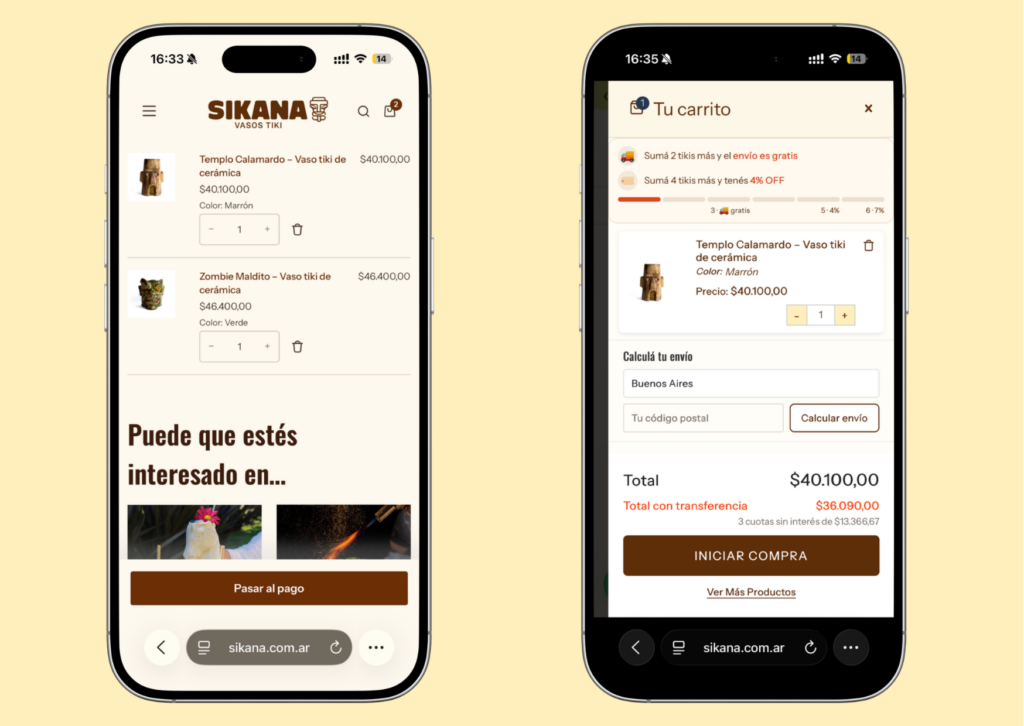 Cart drawer on mobile, before and after