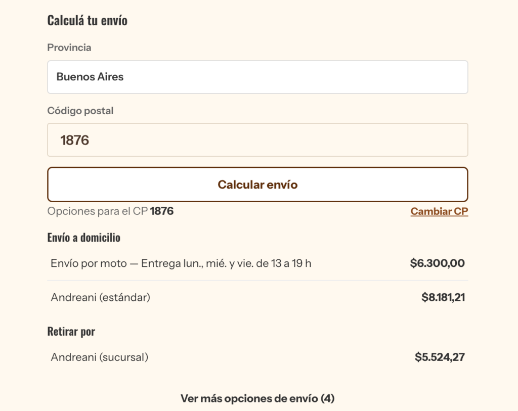 Product page with the shipping calculator