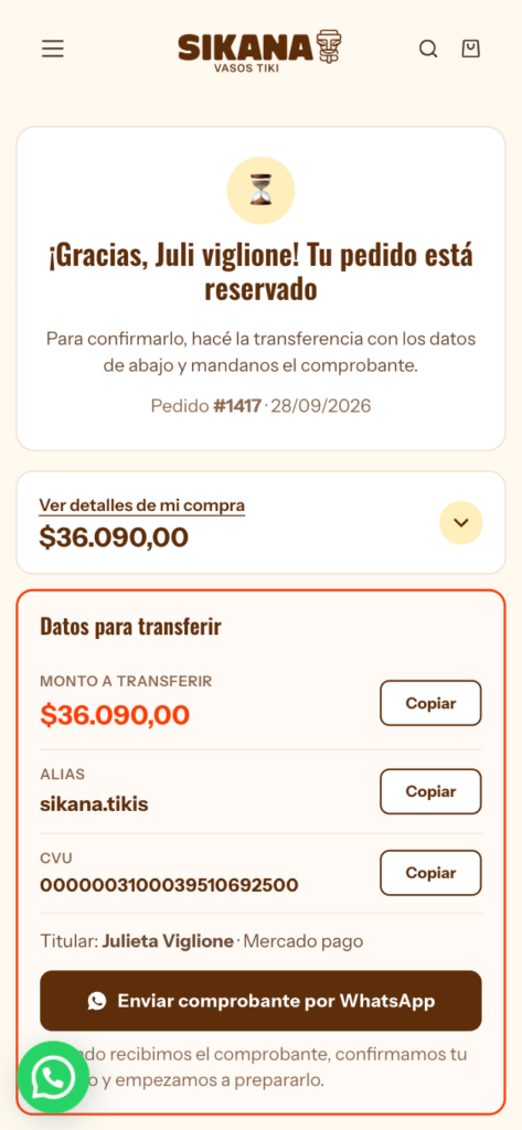 Thank-you page for a bank transfer, on mobile